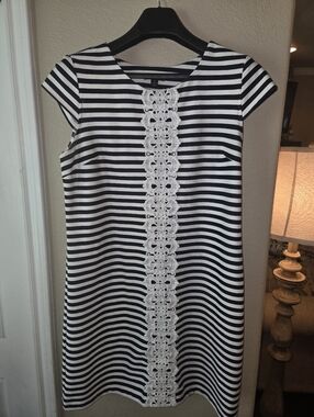 R & K Navy & White Striped Lace-Trim Shift Dress